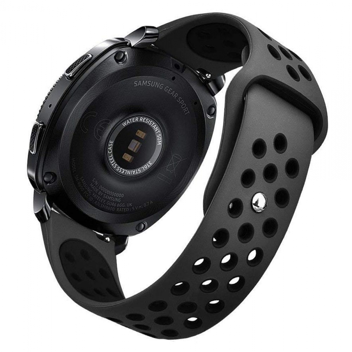 Die Rückseite einer schwarzen Smartwatch mit schwarzem Armband. Die Uhr hat den Markennamen auf der Rückseite.