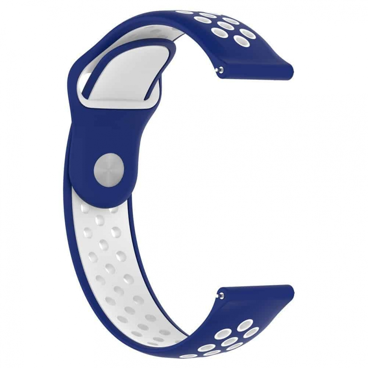 Ein blaues und weißes Uhrenarmband, C-förmig gebogen. Weißer Abschnitt hat kleine Löcher. Blauer Abschnitt hat kleine Löcher.