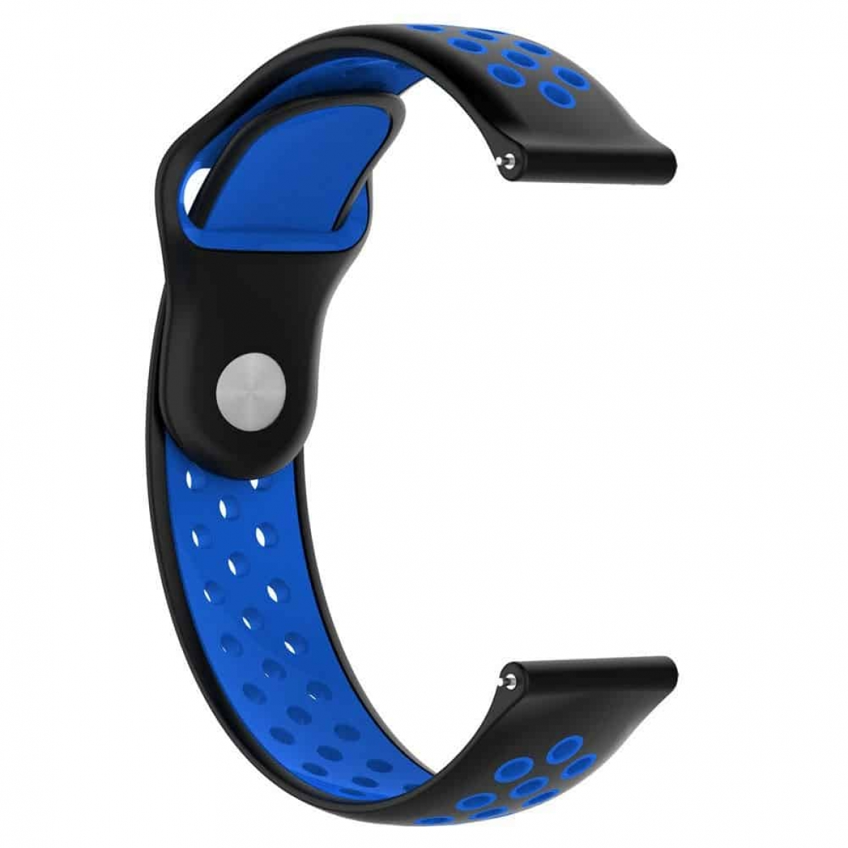 Ein schwarzes und blaues Armband in C-Form. Es hat blaue Löcher und einen silbernen Knopf.