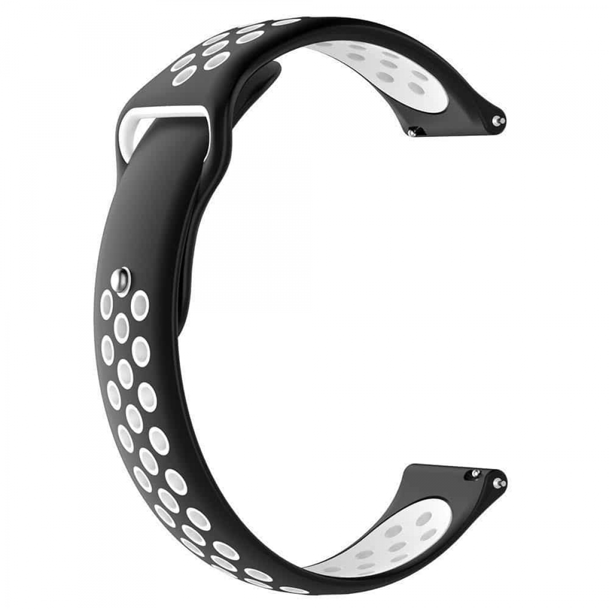 Schwarzes Uhrenarmband mit weißen Punkten und weißer Innenseite. Es ist C-förmig.