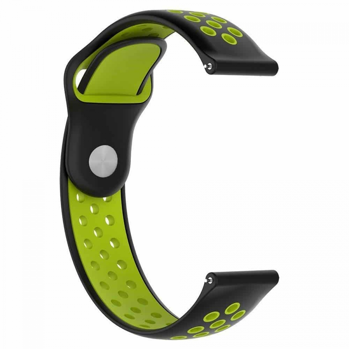 Schwarz-grünes Uhrenarmband, C-förmig mit Löchern.