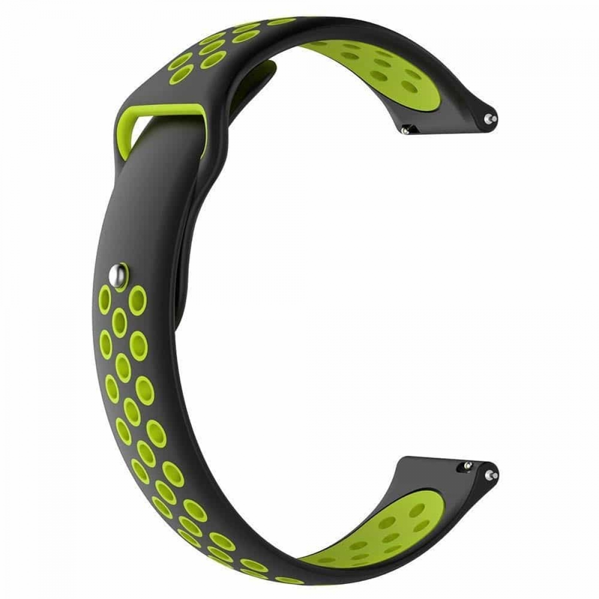 Schwarzes Uhrenarmband mit grünem Innenraum und Löchern, mit weißem Hintergrund.