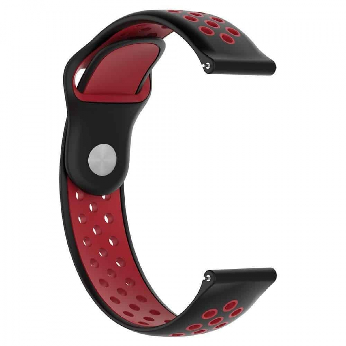 Schwarzes und rotes Armband mit Löchern, am Handgelenk befestigt.