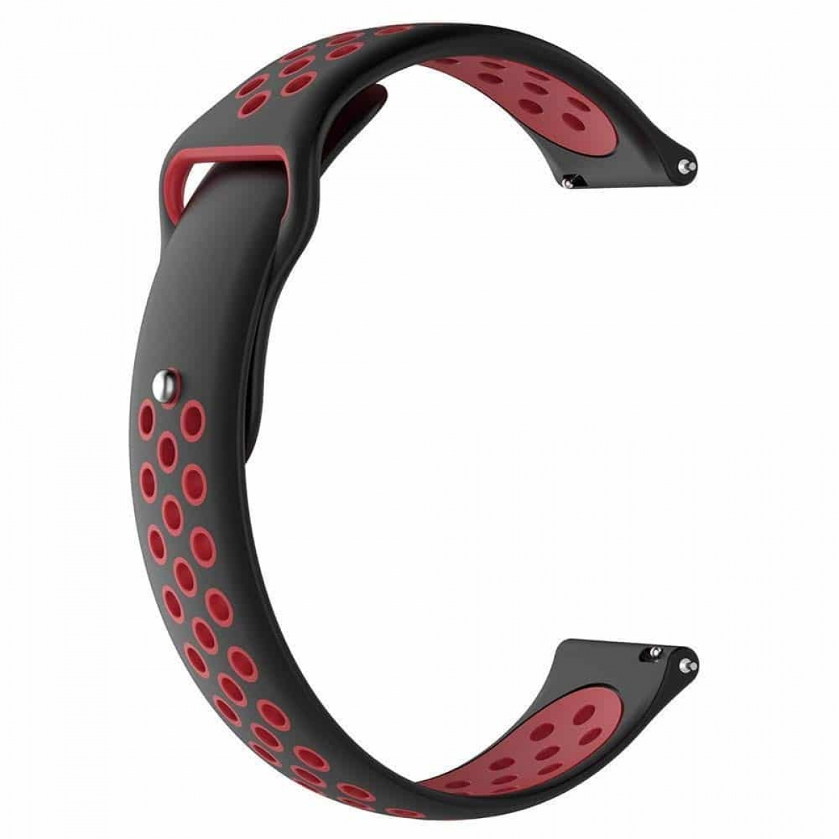 Schwarzes Uhrenarmband mit roter Innenseite. Perforiertes Design auf dem Band. Eine C-Form.