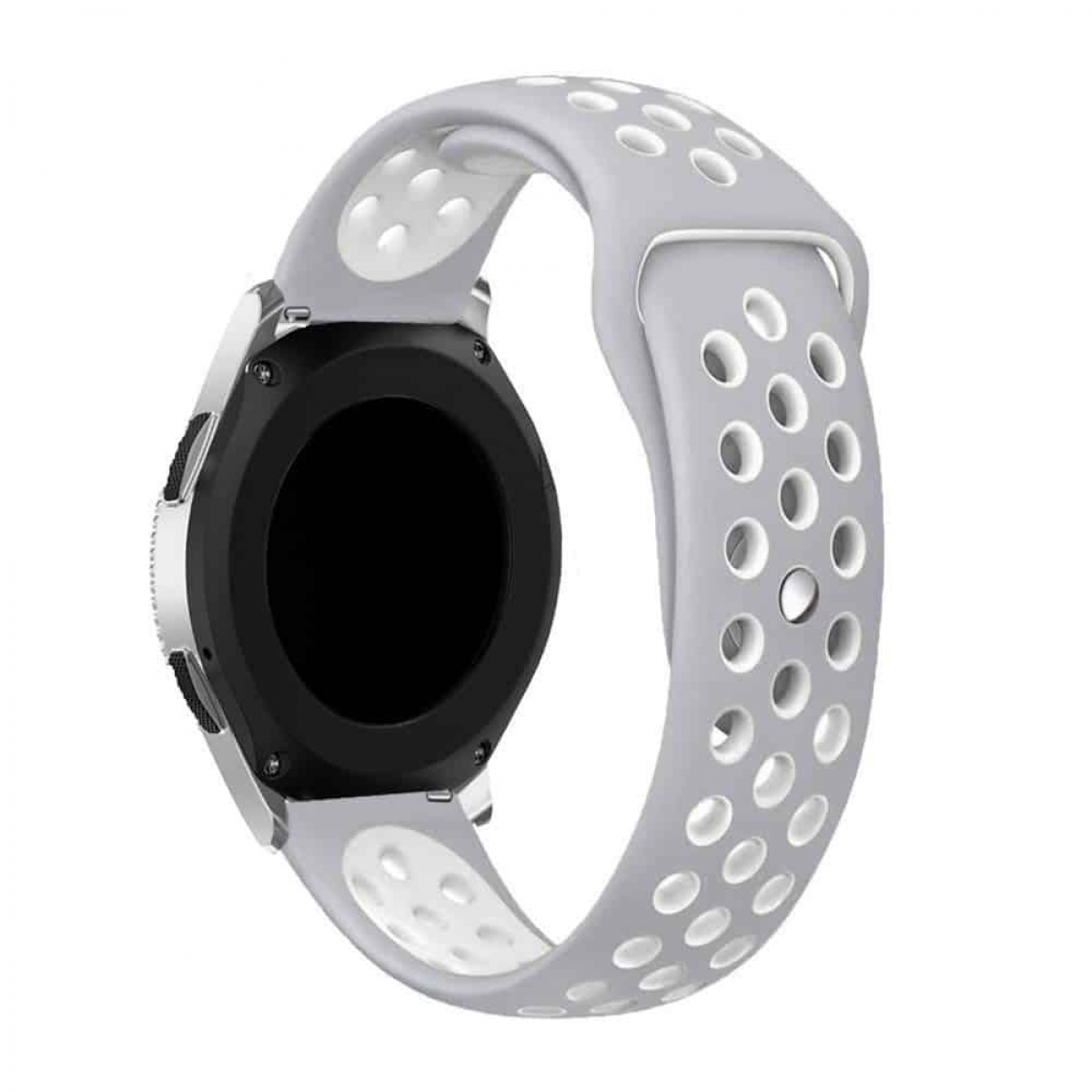 Graues Armband mit weißen Löchern und weißem Innenraum.