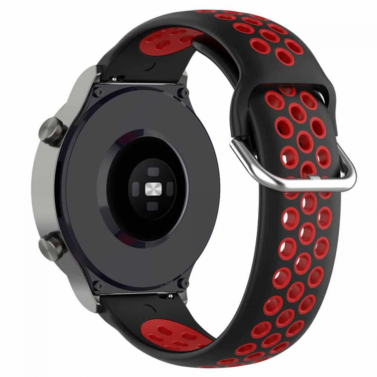 Smartwatch-Armband, Rück- und Seitenansicht. Schwarz und rot, mit silberner Schnalle. Perforiertes Design.