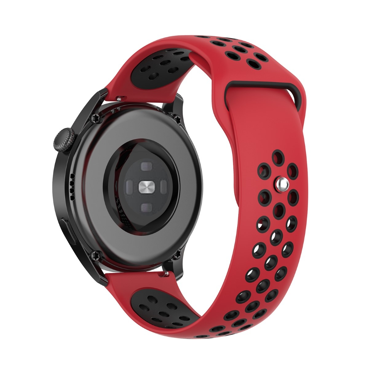 Ein rotes Smartwatch-Armband mit schwarzen Akzenten. Das Armband hat Löcher für Atmungsaktivität.