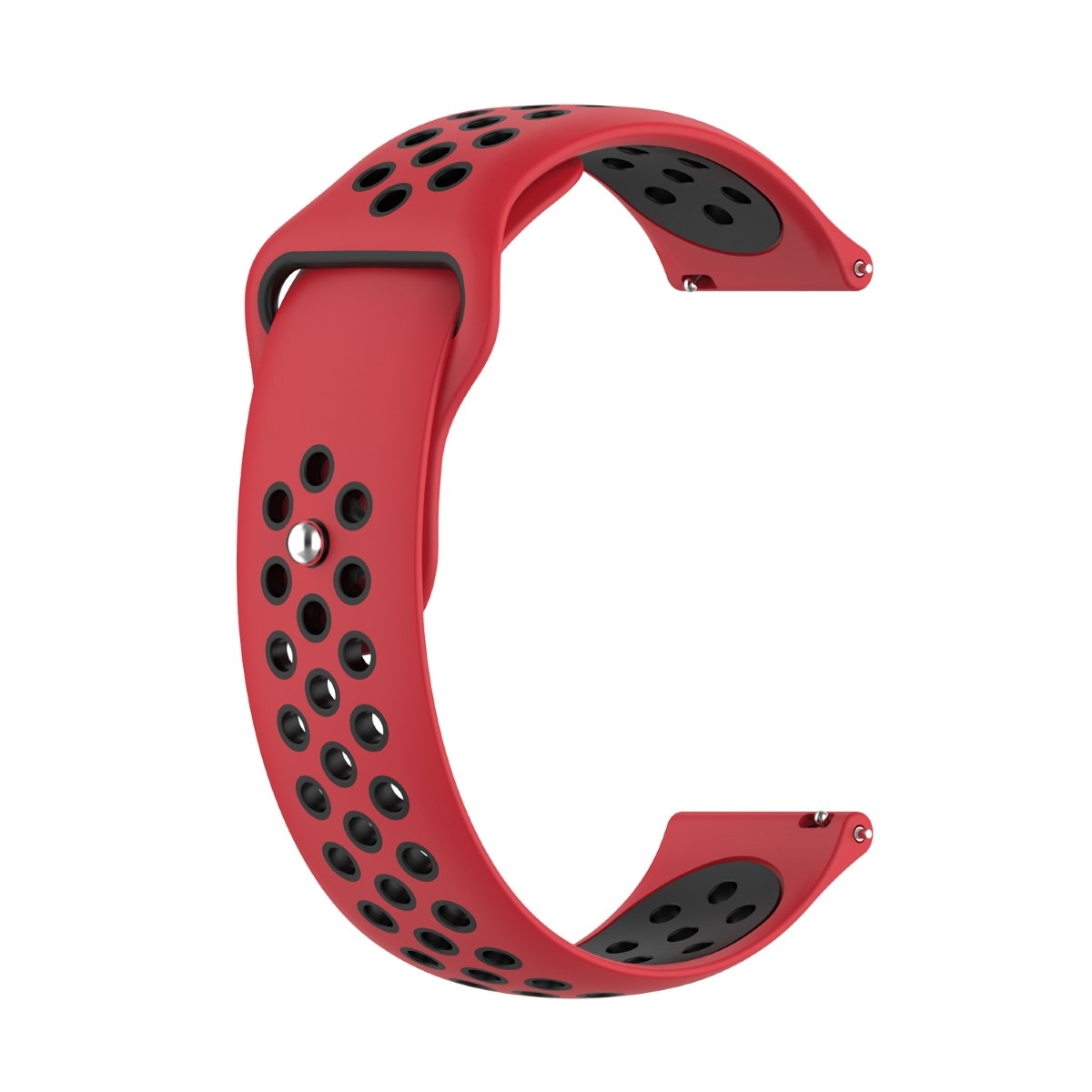 Rotes und schwarzes Uhrenarmband mit Perforationen. Das Armband ist gebogen und hat eine Schnalle. Weißer Hintergrund.