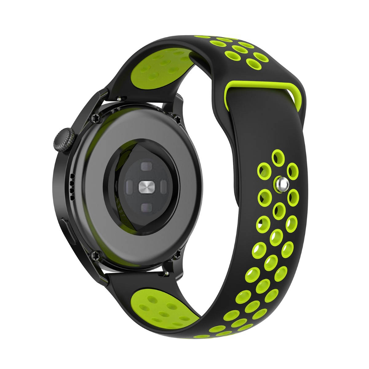 Eine schwarze und grüne Smartwatch von hinten gesehen. Das Armband hat grüne Perforationen.
