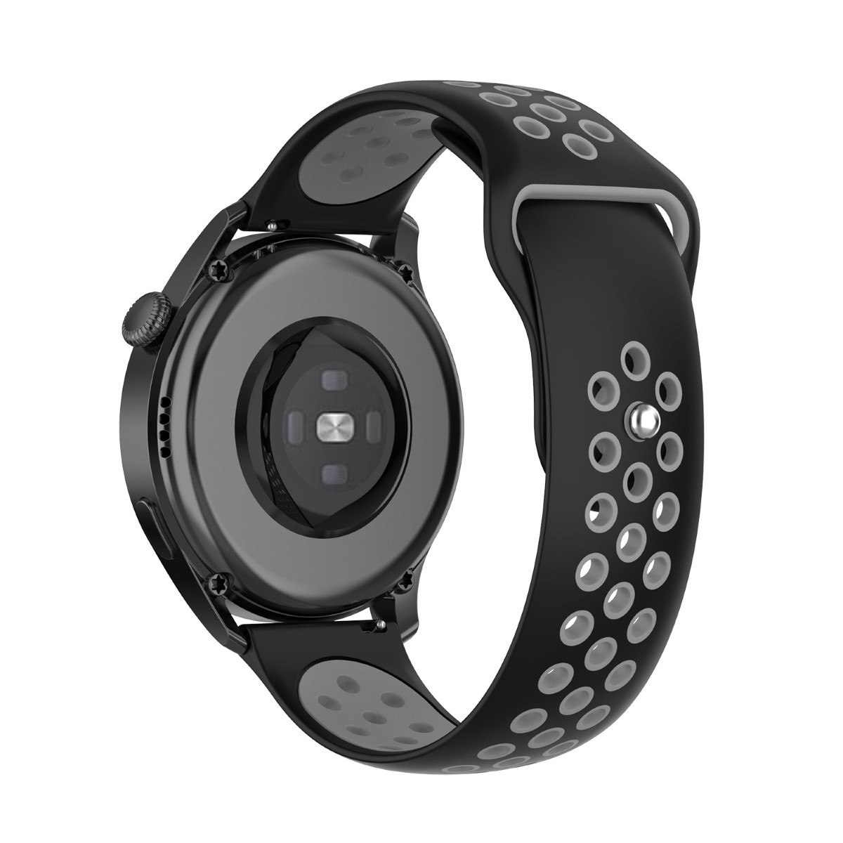 Schwarze Smartwatch mit schwarzem und grauem Armband. Die Uhr ist angewinkelt, zeigt Rückseite und Armbanddetails.