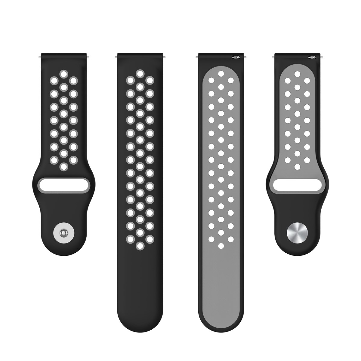 Schwarze und graue Uhrenarmbänder. Vier Bänder mit verschiedenen Mustern sind sichtbar.