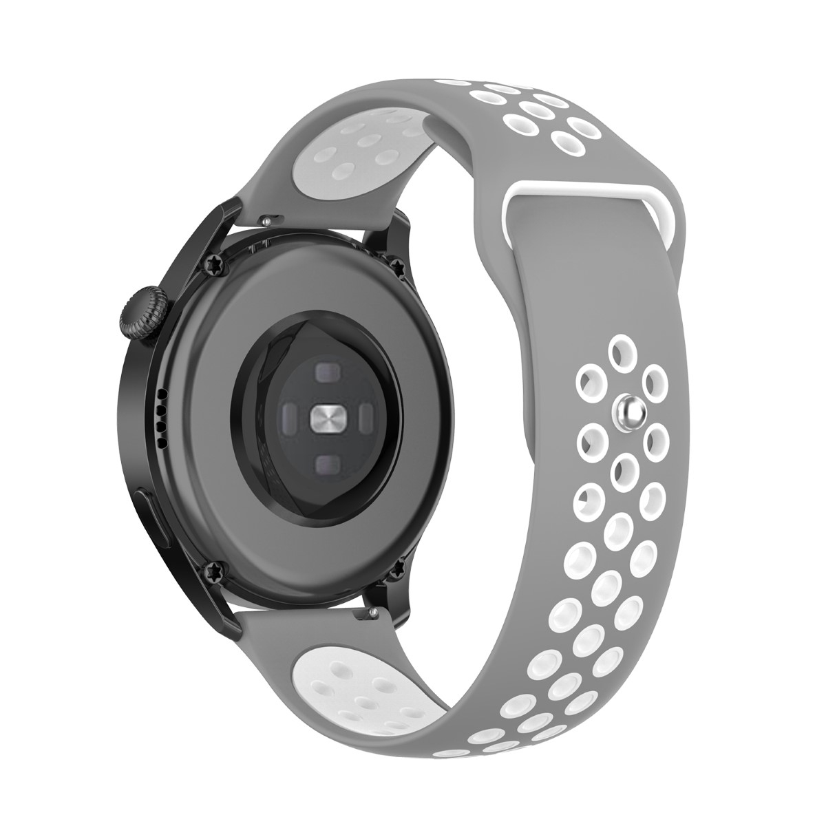 Graues und weißes Uhrenarmband mit Smartwatch auf weißem Hintergrund. Das Band hat Löcher und glatte Oberfläche.