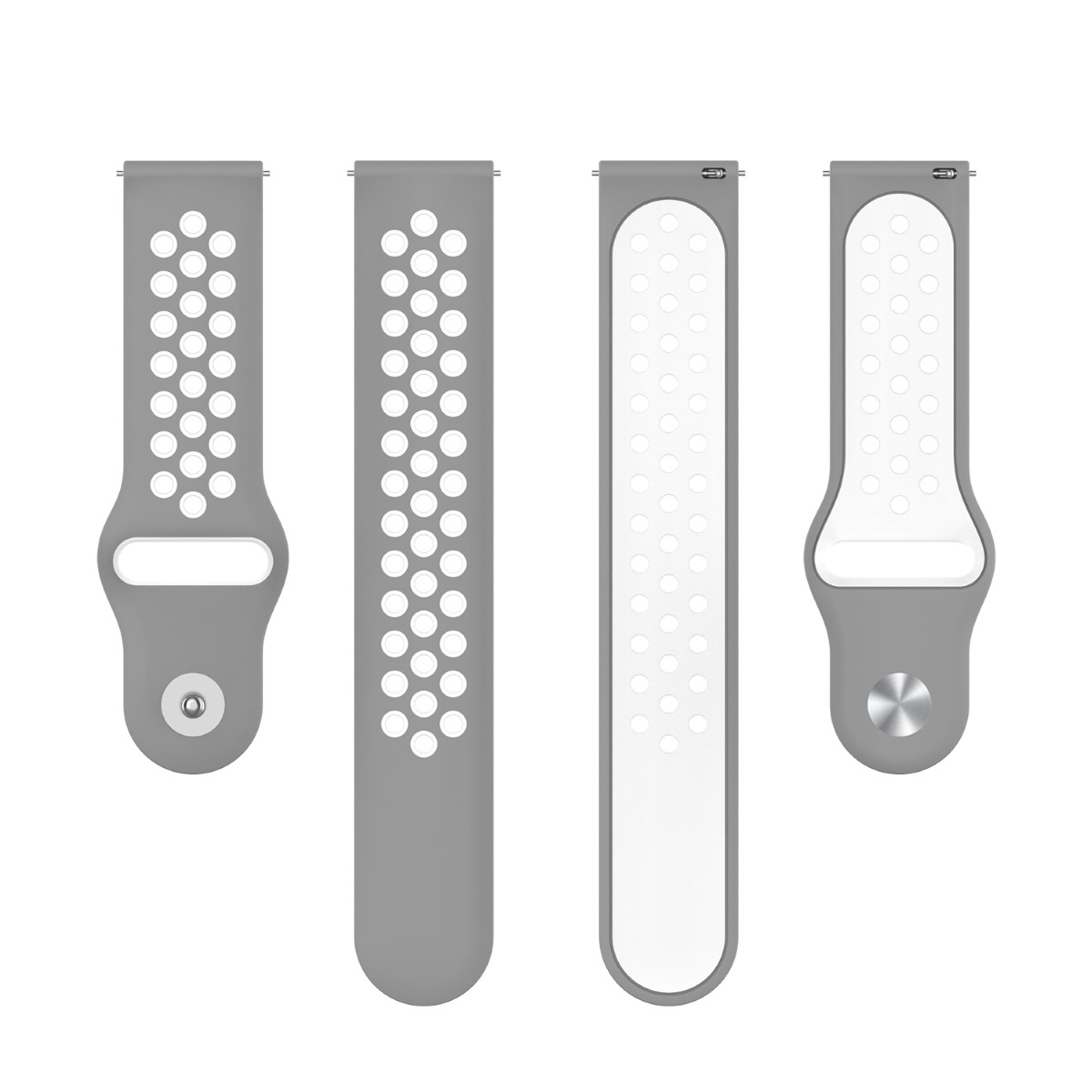 Vier graue Uhrenarmbänder. Zwei mit Löchern und zwei mit weißem Streifen.