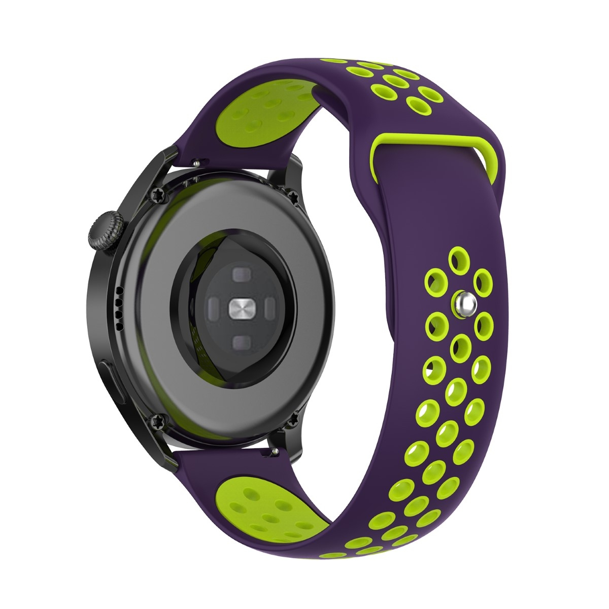 Smartwatch-Armband. Lila und grünes Armband mit kreisförmigen Löchern. Schwarzes Uhrengehäuse.