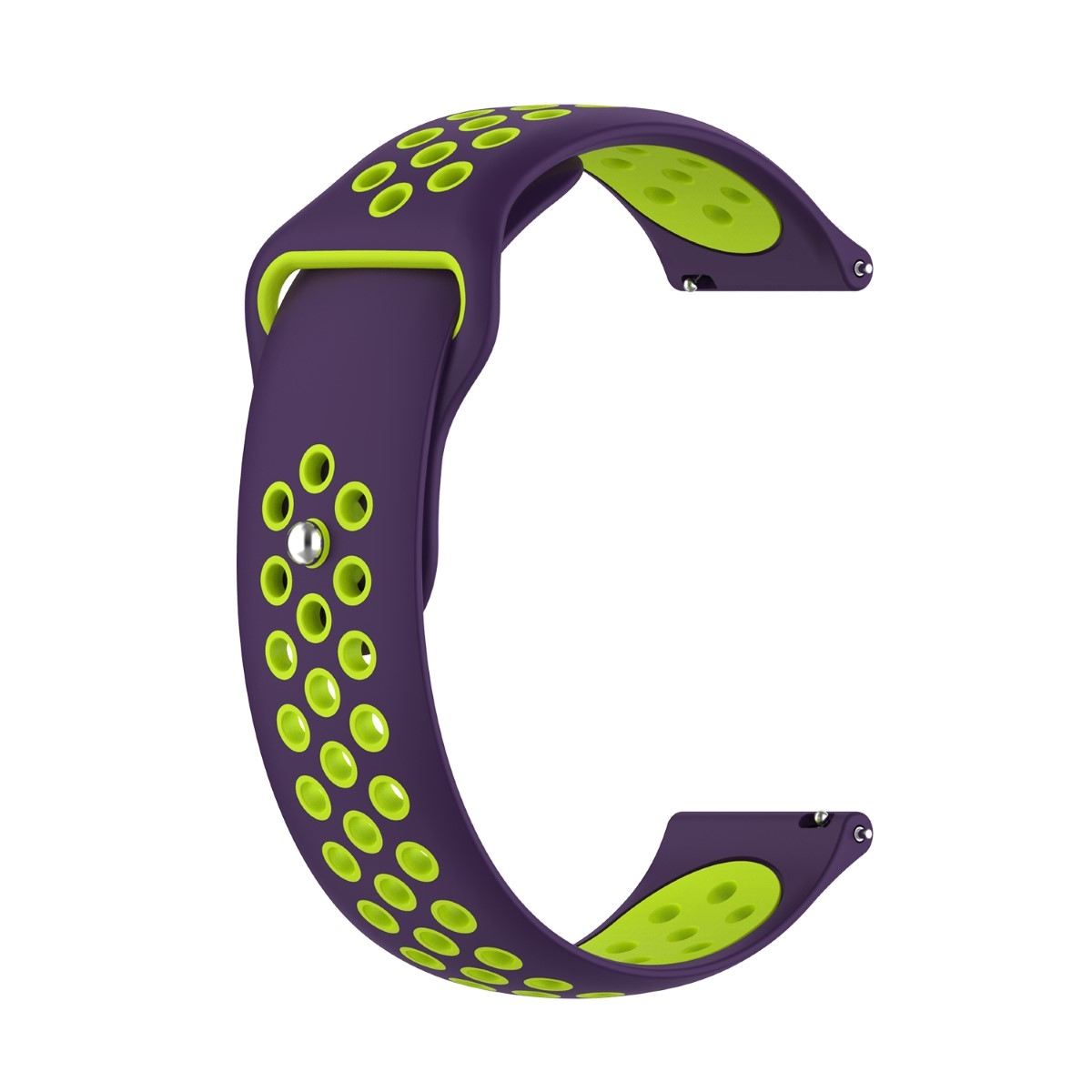 Ein lila und grünes Uhrenarmband mit Belüftungslöchern.