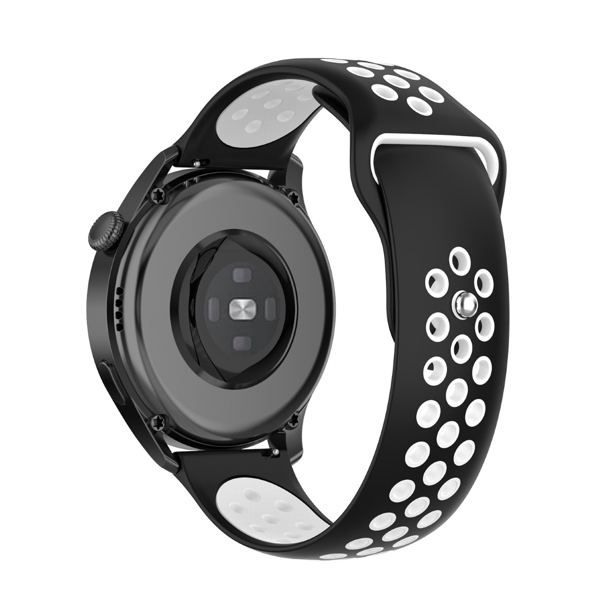 Ein schwarz-weißes Uhrenarmband an einer schwarzen Uhr. Das Band hat Perforationen.