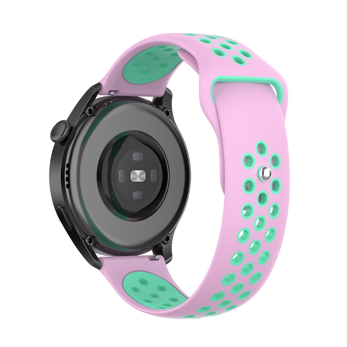 Pinkes und grünes Smartwatch-Armband. Am schwarzen Uhr befestigt.