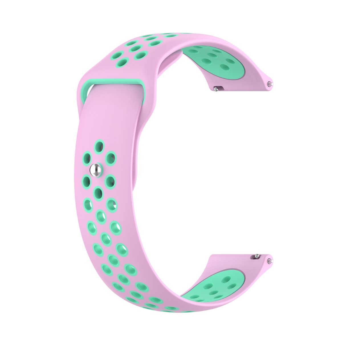 Ein rosa Uhrenarmband mit grünen Luftlöchern.