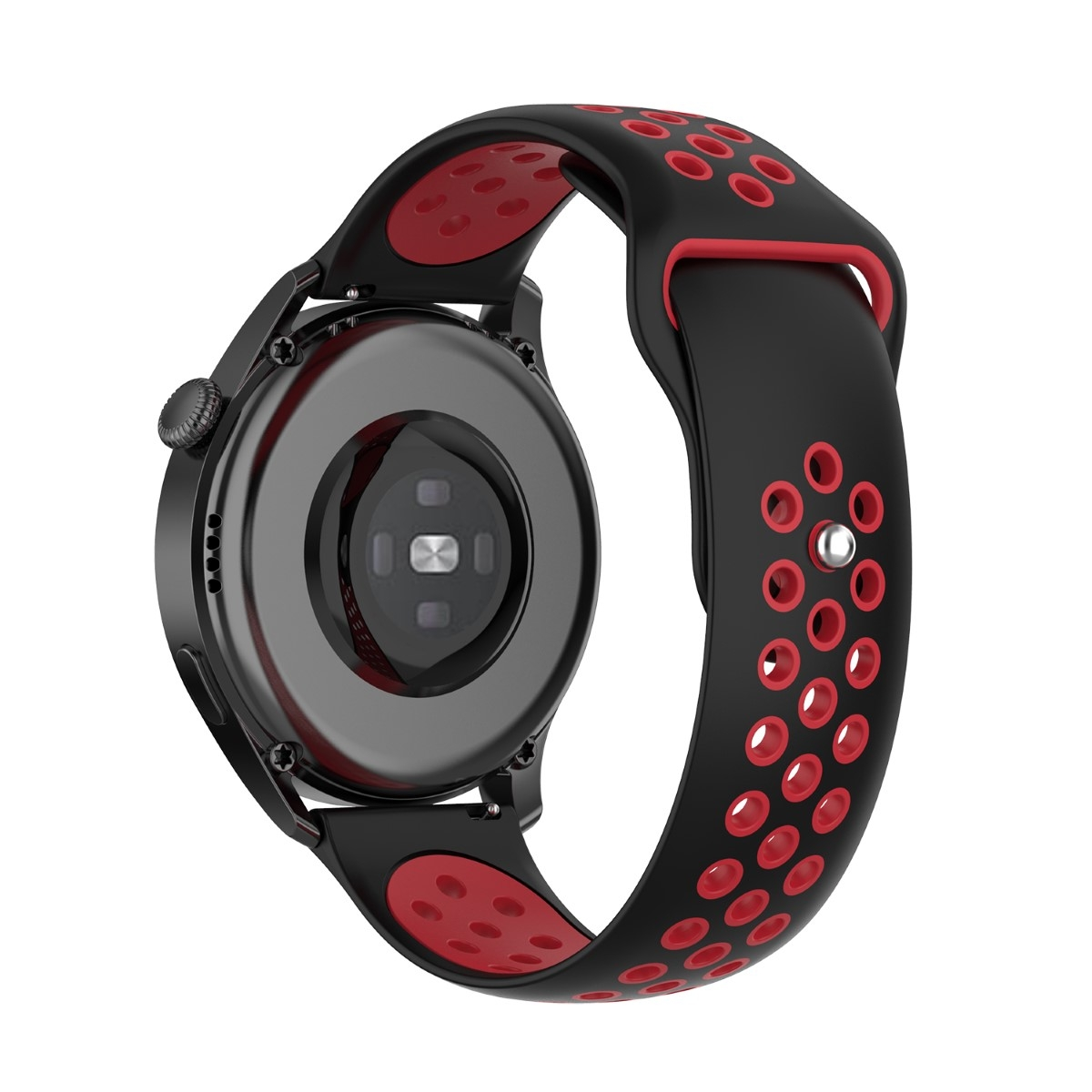Smartwatch mit schwarz-rotem Band, das das Zifferblatt und das Banddesign zeigt.