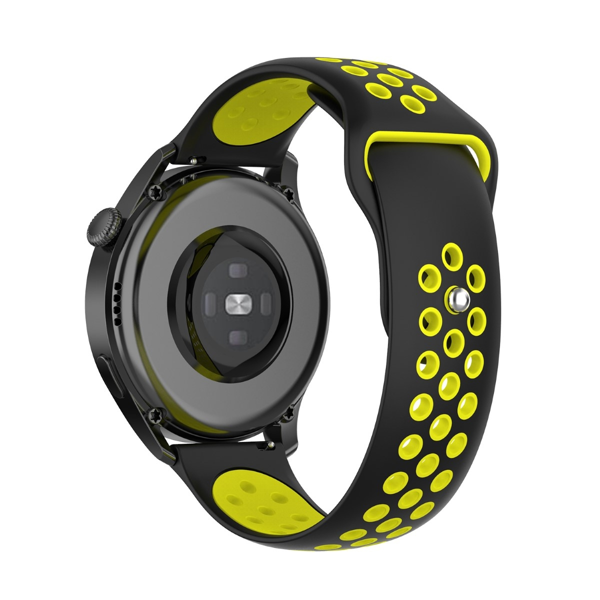 Schwarze Smartwatch mit gelben Akzenten am Armband. Rückseite mit Herzfrequenzsensor.