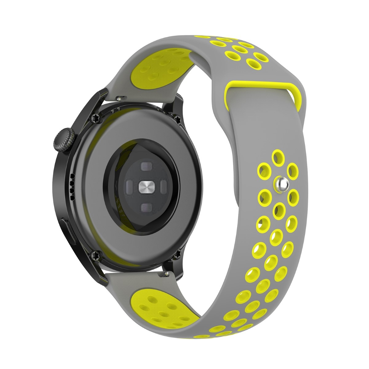 Graues Armband mit gelben Perforationen. Das Band umschließt die Rückseite einer schwarzen Uhr.
