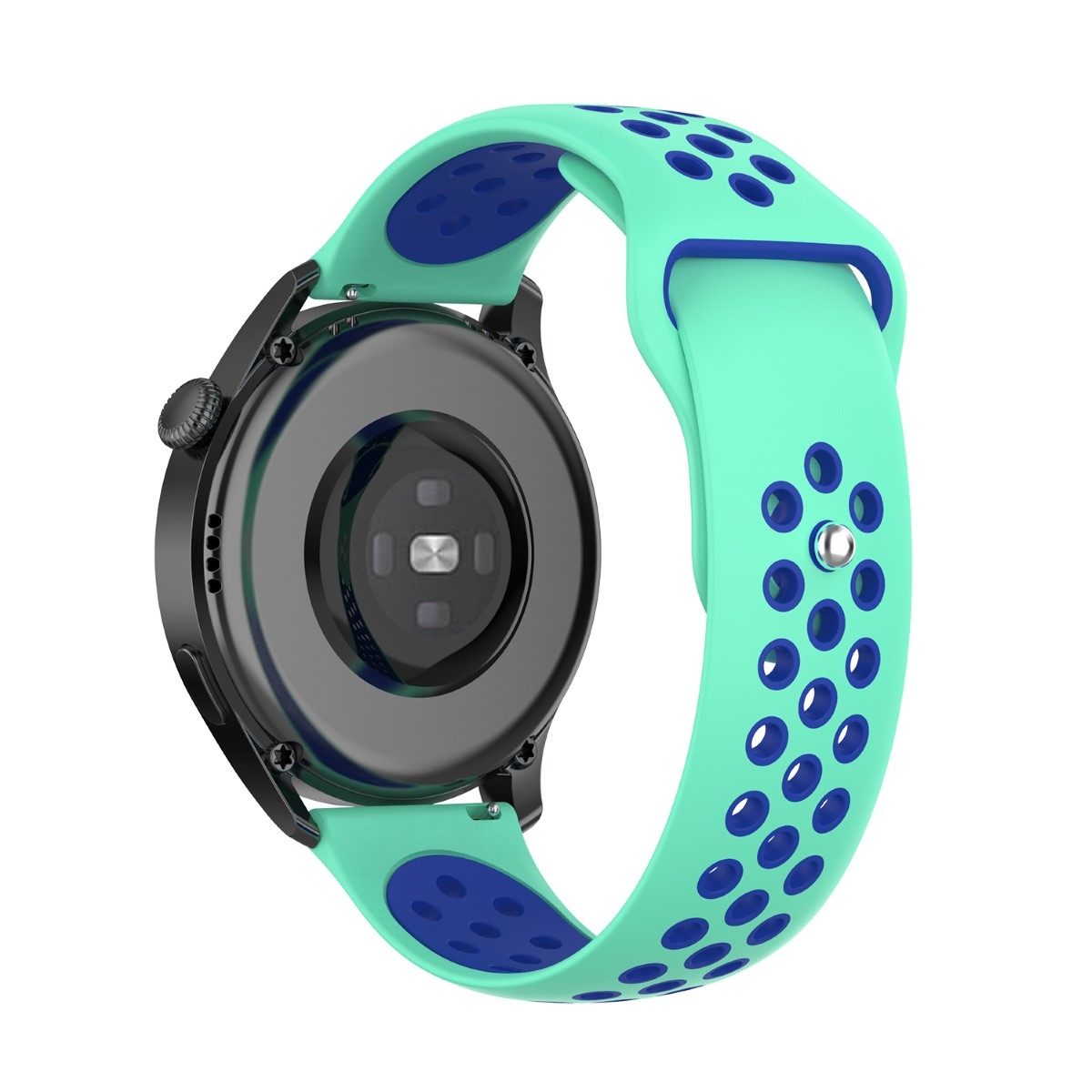 Smartwatch mit türkisblauem Armband. Die Uhr ist schwarz, rund.