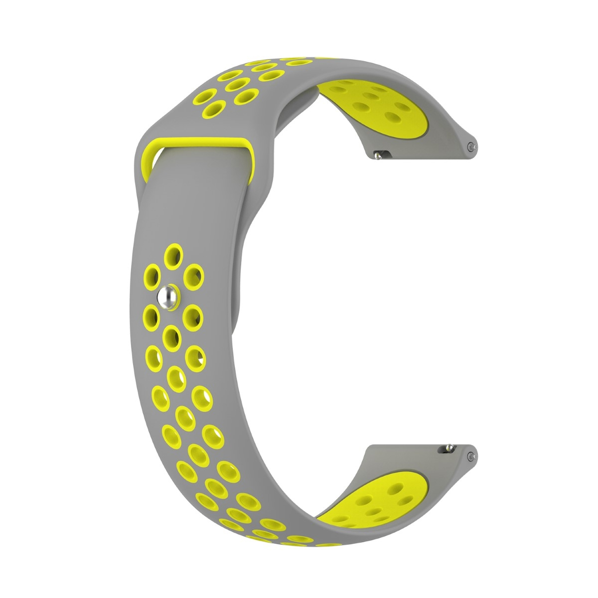 Graues und gelbes Uhrenarmband mit Löchern. Einfaches Design. Weißer Hintergrund.