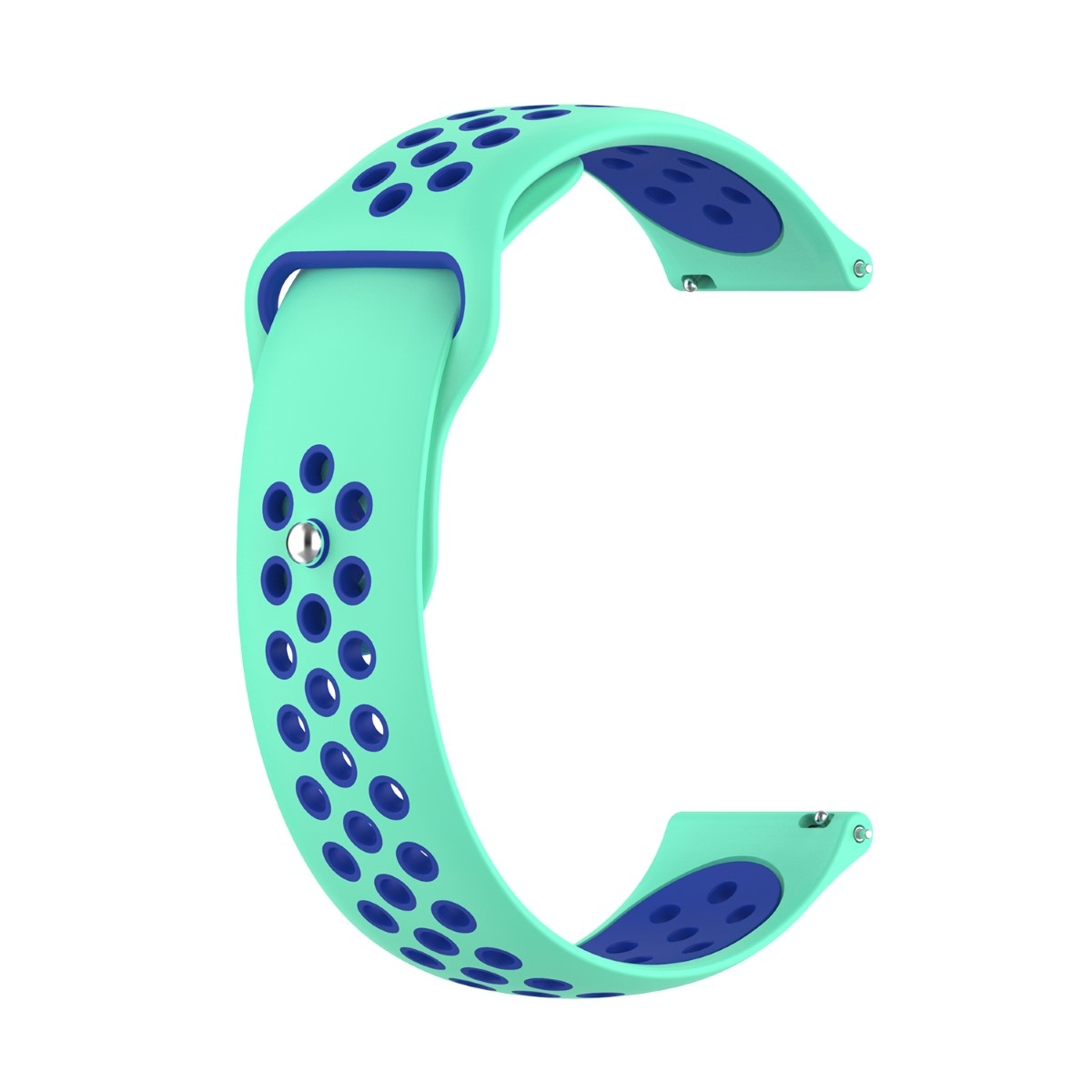 Hellgrünes und blaues Uhrenarmband. Das Armband hat C-Form mit Löchern.