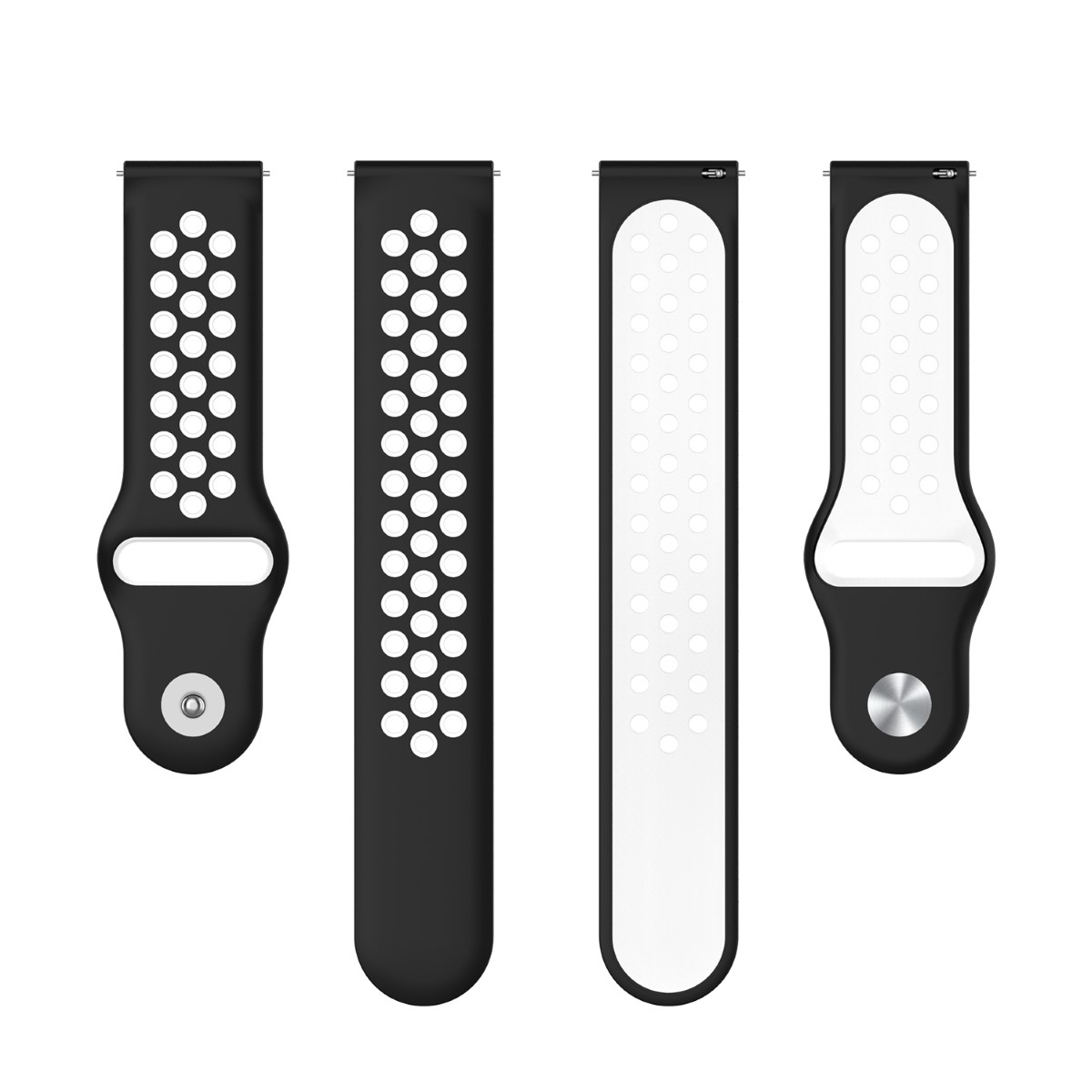 Vier schwarz-weiße Uhrenarmbänder mit unterschiedlichen Designs, auf weißem Hintergrund.