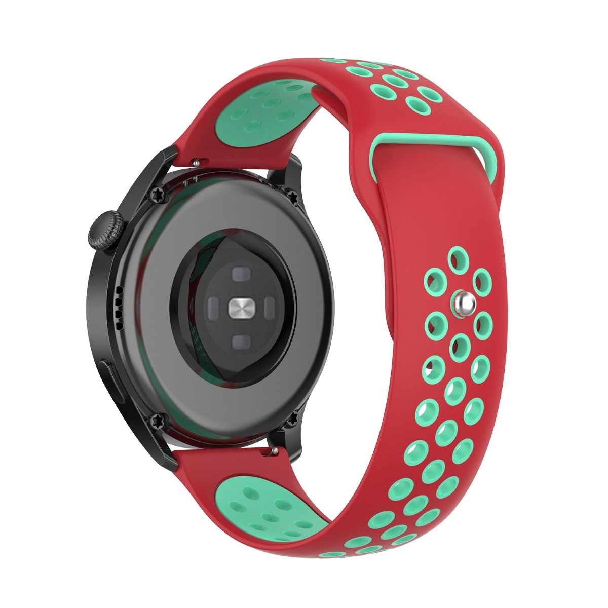 Rotes Uhrenarmband mit grünen Akzenten. Eine schwarze Uhr ist befestigt. Isoliert auf Weiß.