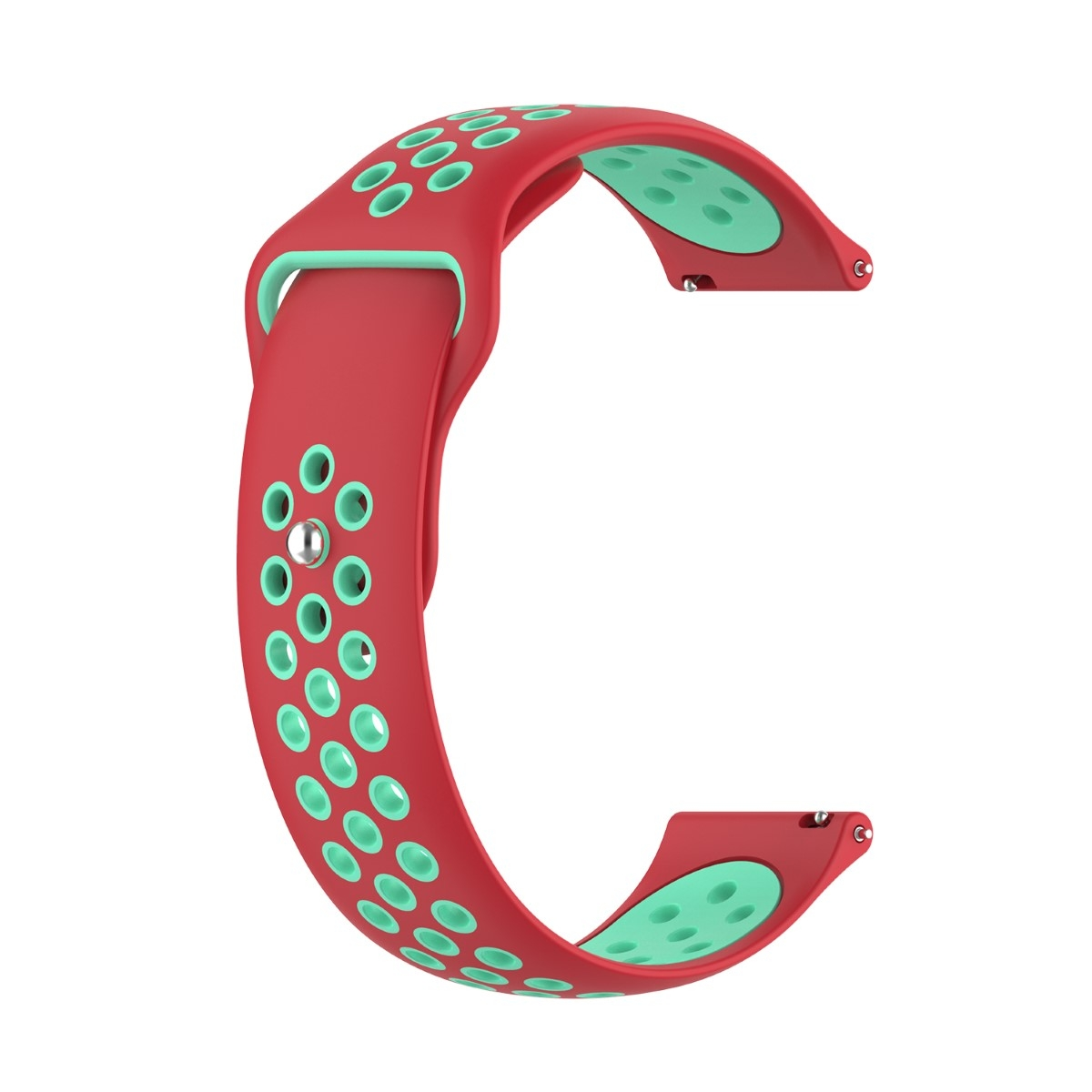 Rotes und türkisfarbenes Smartwatch-Armband. Es hat ein perforiertes Design mit einer gebogenen Form.