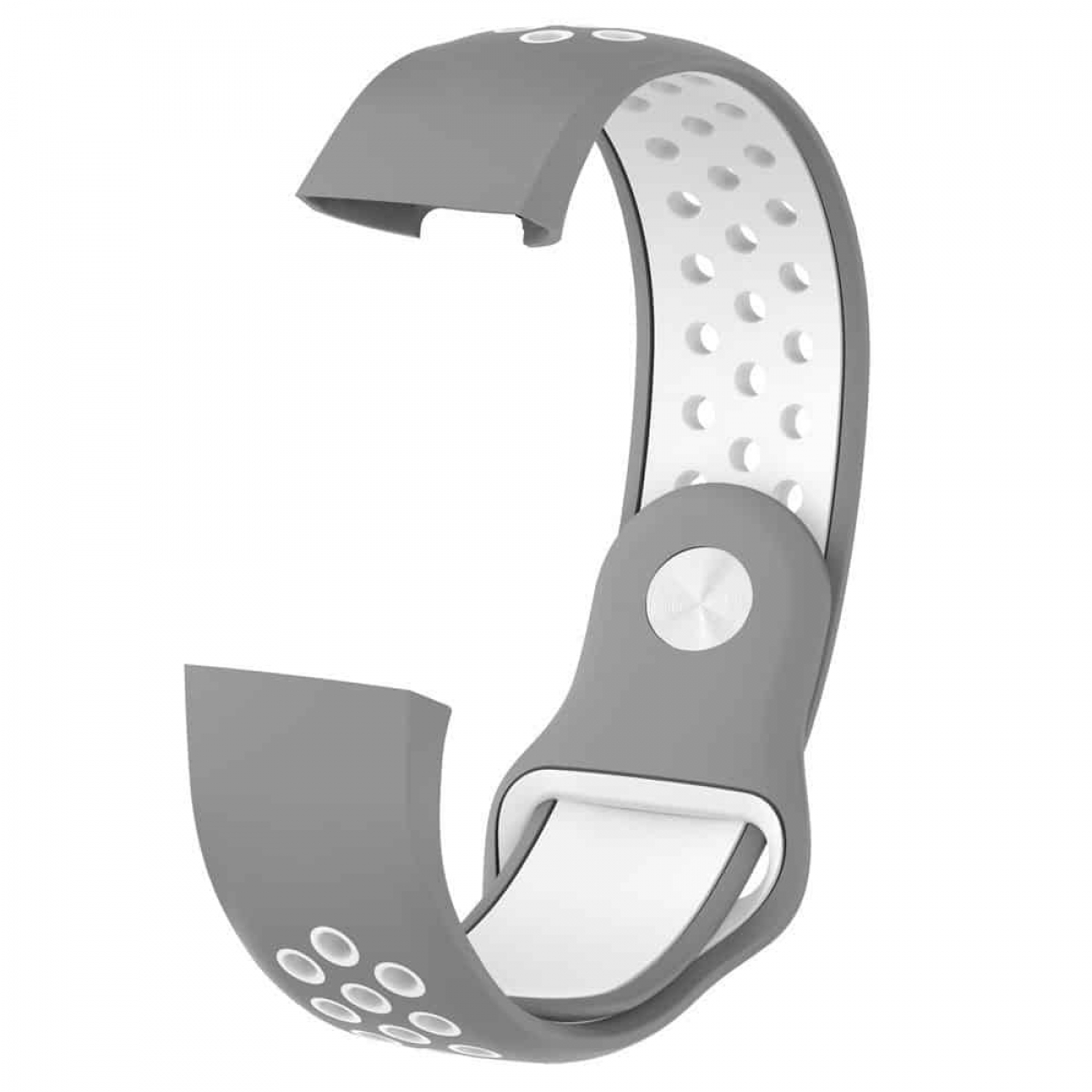 Grau-weißes Uhrenarmband mit geschwungenem Design und Stift zum Anbringen.