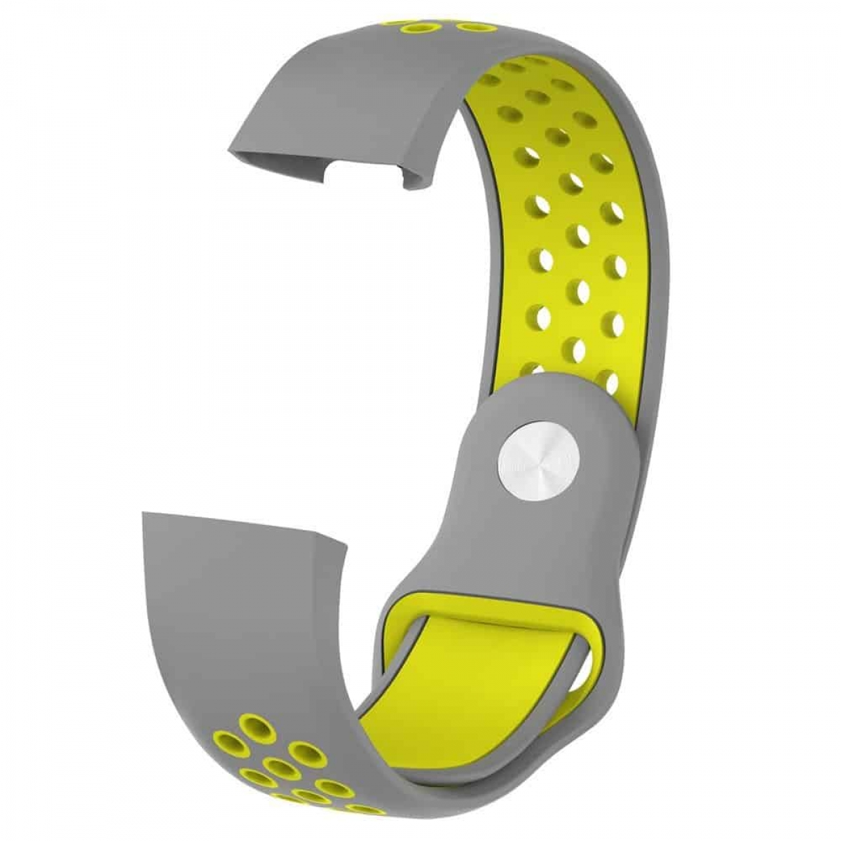 Graues und gelbes Uhrenarmband, mit gelbem Innenraum und Löchern, auf weißem Hintergrund.
