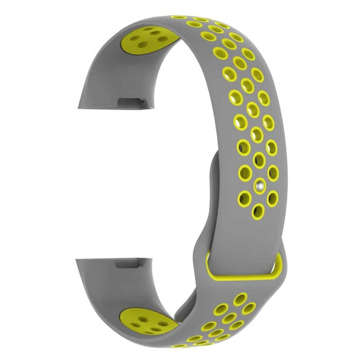 Ein graues Fitness-Tracker-Band mit gelben Akzenten und Perforationen.