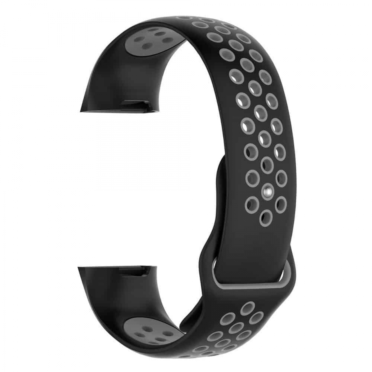 Schwarzes Smartwatch-Armband mit grauem Innenband und Löchern. Das Band ist gebogen.