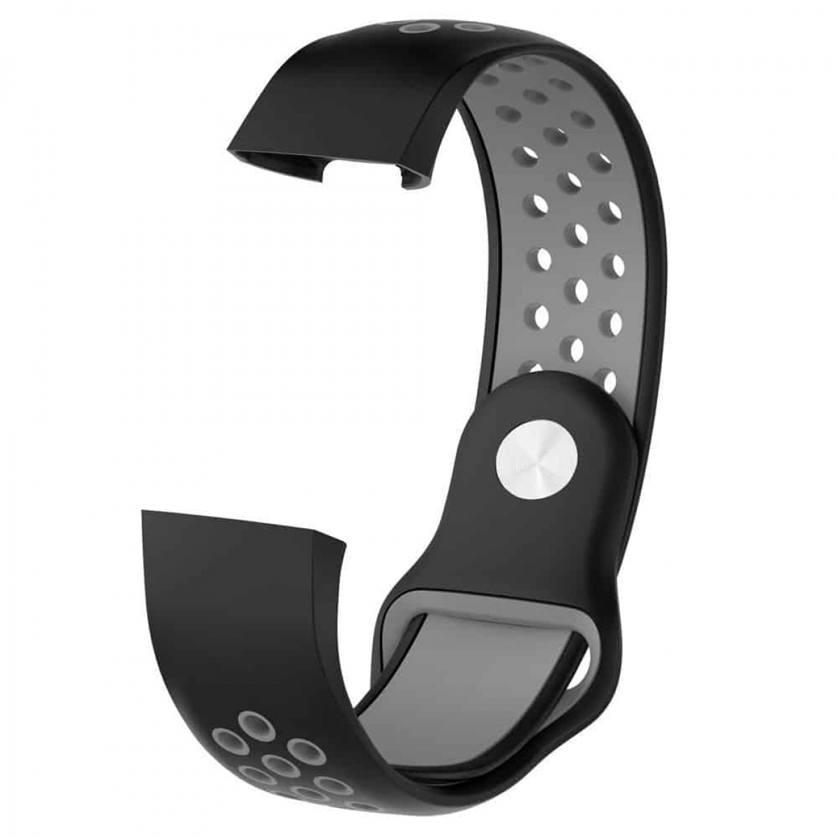 Schwarz-graues Armband mit Löchern. Das Band ist gebogen und hat ein zweifarbiges Design.