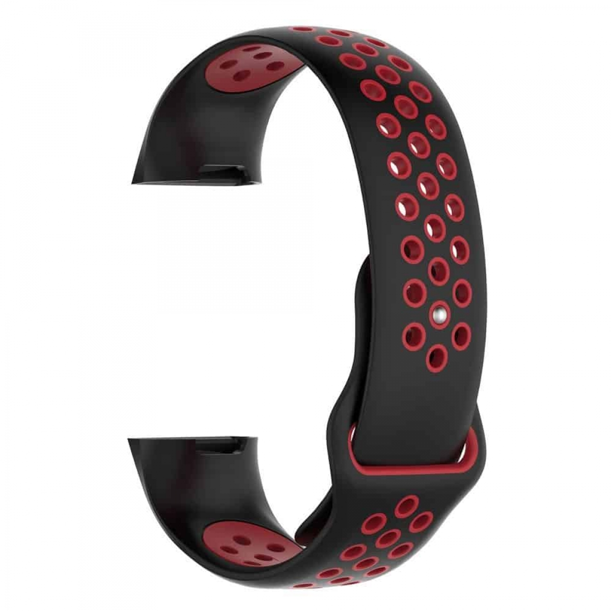 Ein schwarzes Armband mit roten Akzenten und Löchern. Das Armband ist gebogen.
