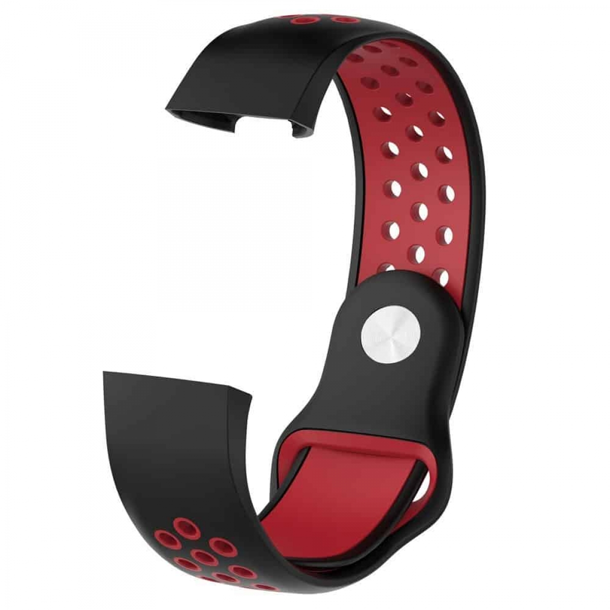 Schwarz-rotes Smartwatch-Armband mit Löchern, gebogene Form.