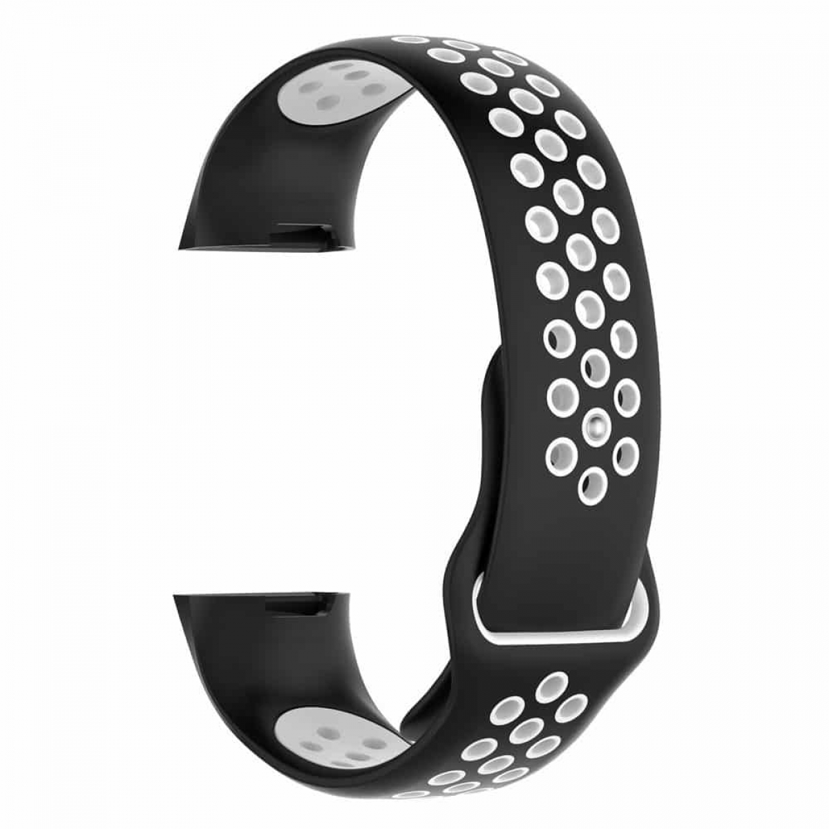 Schwarzes Uhrenarmband, C-förmig, mit weißen Löchern.