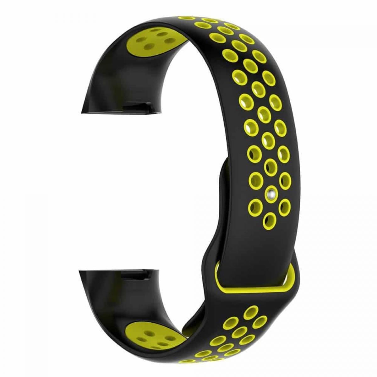 Schwarz-gelbes Uhrenarmband mit vielen gelben Löchern.