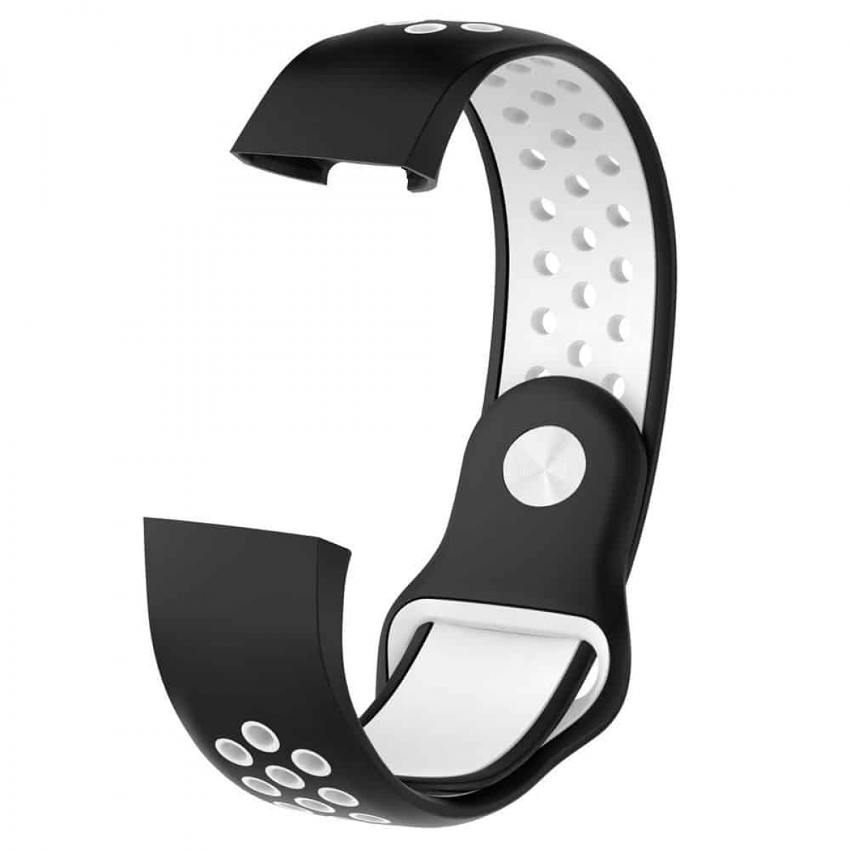 Schwarz-weißes Uhrenarmband. Das Band hat kleine Löcher.