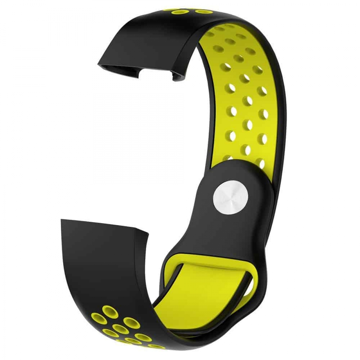 Schwarzes Smartwatch-Armband mit gelben perforierten Details.