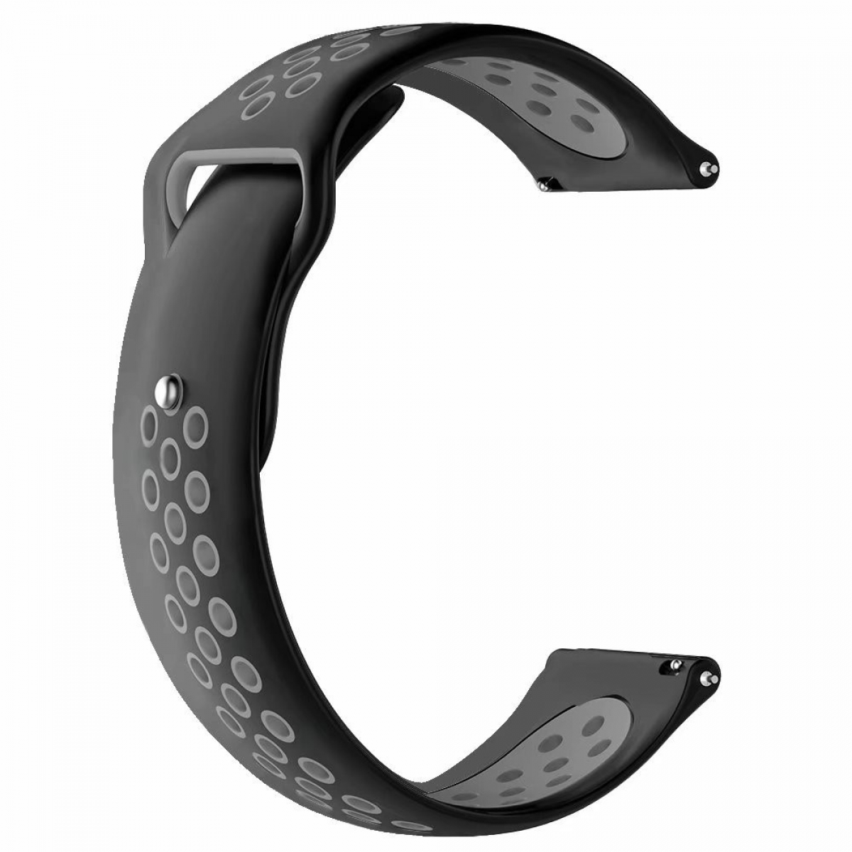 Schwarzes und graues Uhrenarmband. Armband hat weißes und graues Kreisdesign mit Löchern.