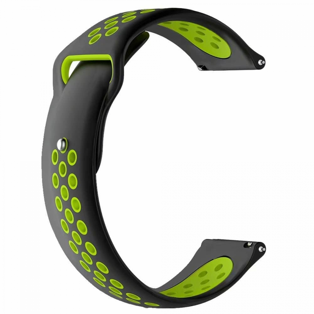 Schwarz-grünes Uhrenarmband, C-förmig mit runden Löchern.