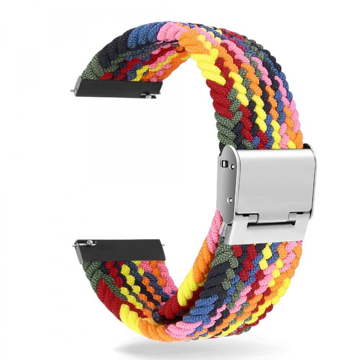 Geflochtenes Uhrenarmband, mehrere Farben. Silberne Schnalle. Geflochtenes Design über dem Band.