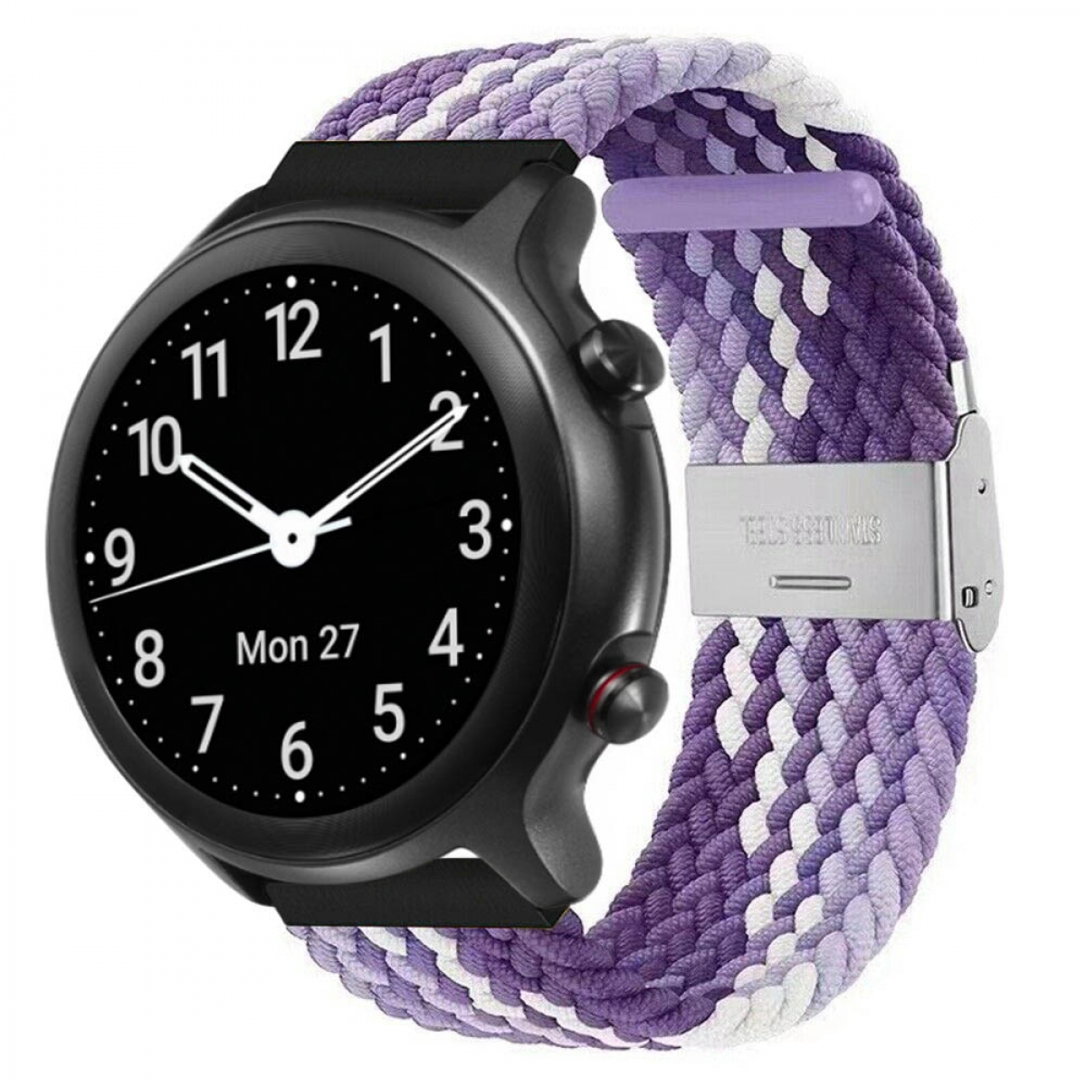 Schwarze Smartwatch mit lila-weiß geflochtenem Armband, zeigt das Datum.