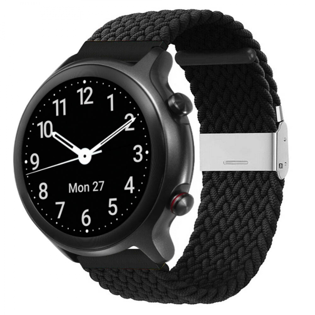 Eine schwarze Smartwatch mit schwarzem Armband. Die Uhr zeigt Zeit und Datum.