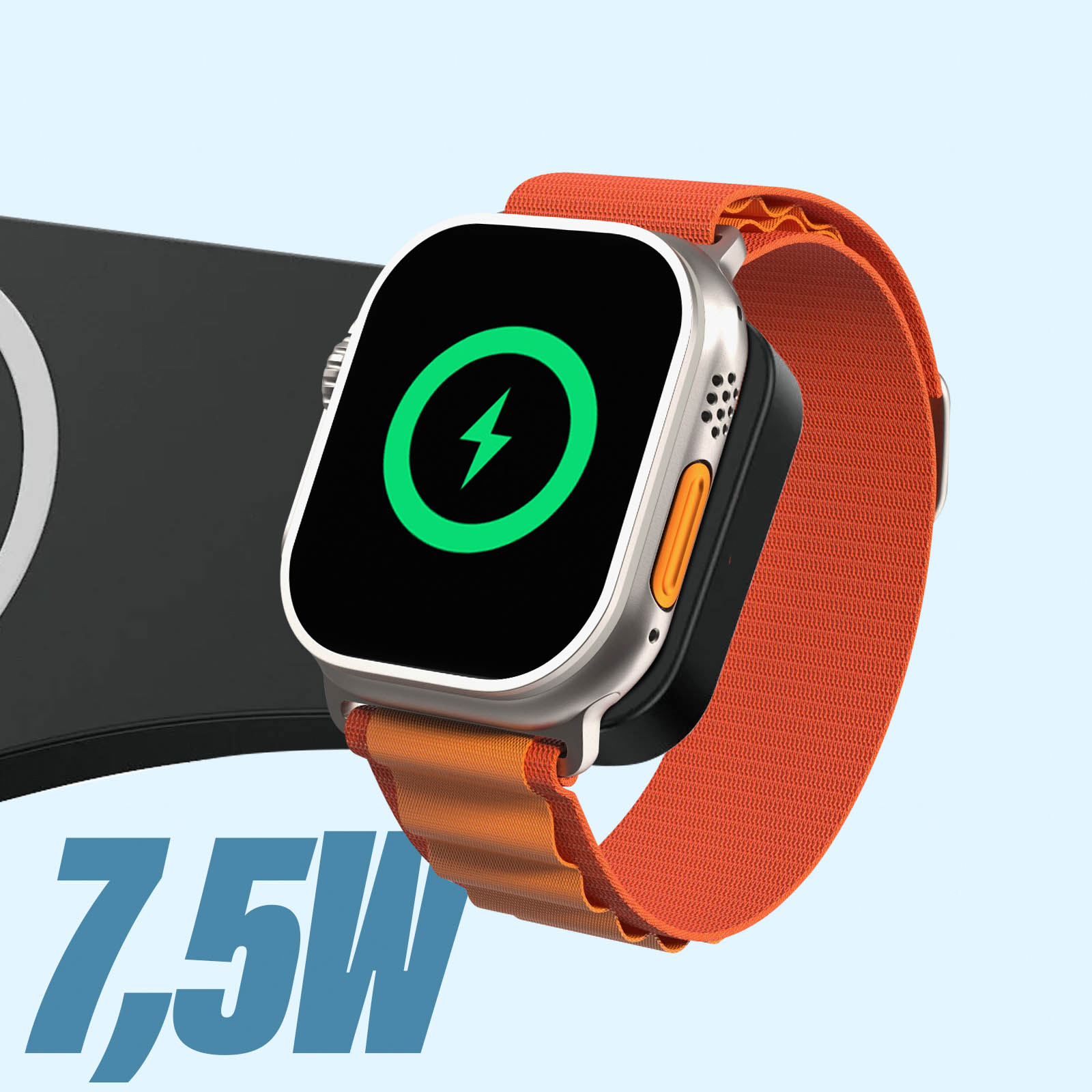 Smartwatch, das auf einem Pad mit 7,5 W-Logo geladen wird.