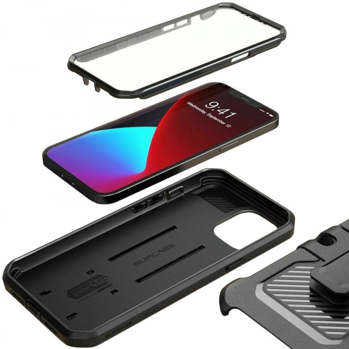 Schwarze Smartphone-Hülle mit klarer Displayschutzfolie und Telefon. Das Telefon zeigt eine App.