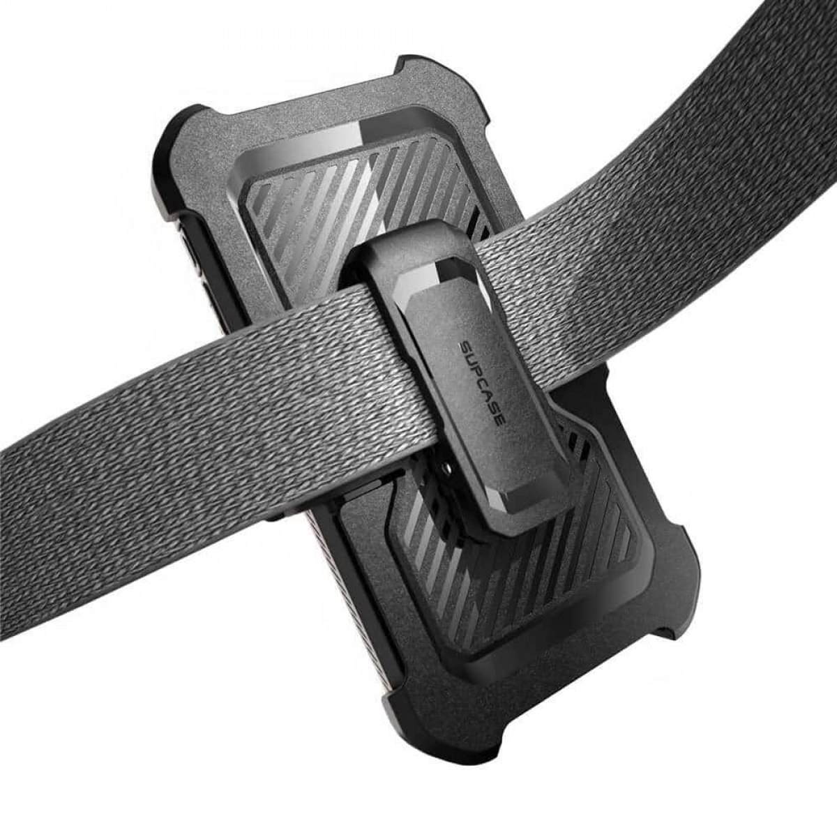 Schwarze Handyhülle mit grauem Gürtelclip, mit grauem Gürtel.